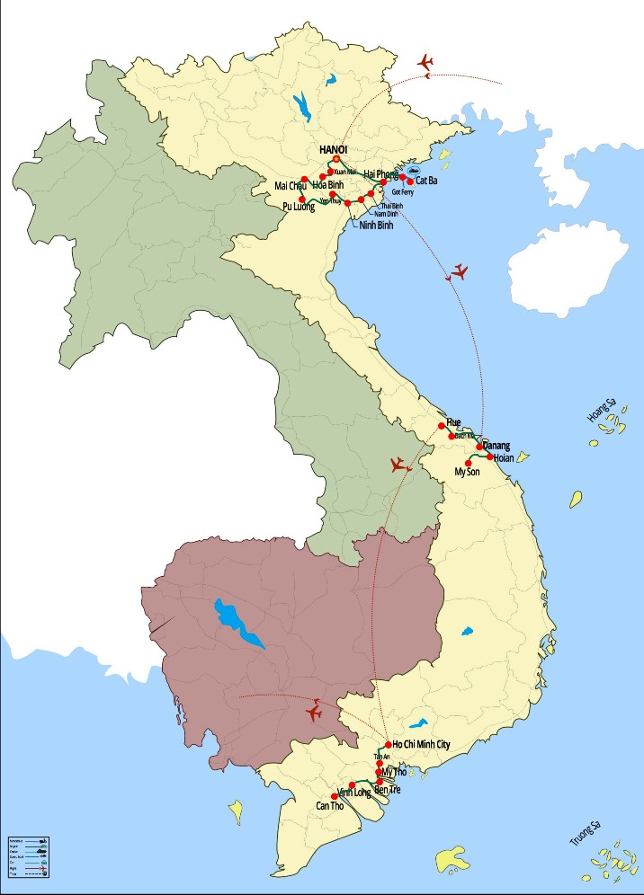 Circuit Vietnam 15 jours map, itinéraire vietnam